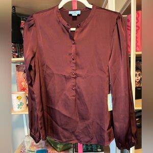 CeCe Red Buttoned Mandarin Collar Blouse NWT size small
